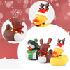 A set of Christmas rubber ducks featuring a reindeer, an owl, and a yellow duck with a Santa hat.