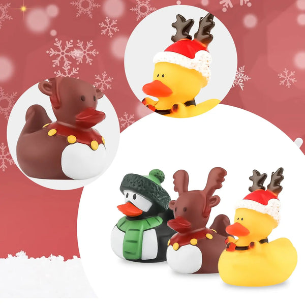 A set of Christmas rubber ducks featuring a reindeer, an owl, and a yellow duck with a Santa hat.