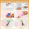 Step-by-step instructions showing how to assemble a balloon arch kit using metal pipes, water bags, balloons, and glass fiber