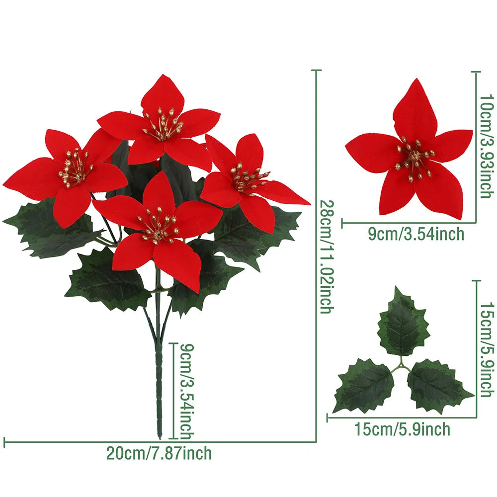 Artificial poinsettia bouquet with red flowers and green leaves for holiday decoration