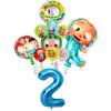A set of colorful cartoon Cocomelon watermelon foil balloons and a blue number two balloon.