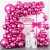 A large balloon arch decoration featuring pink and magenta balloons for a happy birthday party
