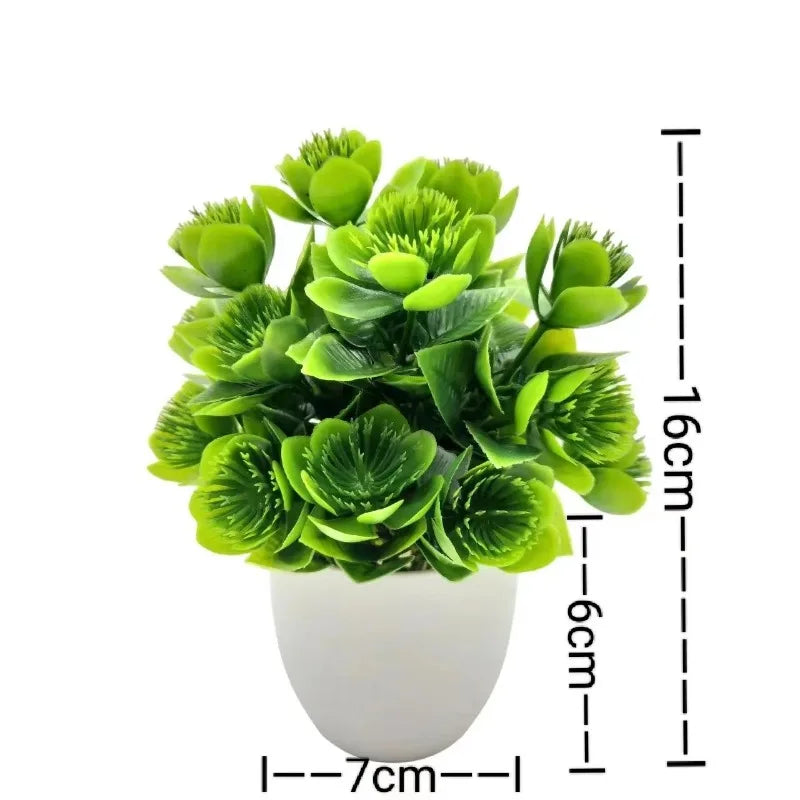 Künstliche Bonsai-Pflanze mit leuchtend grünen Blättern in einem weißen Topf