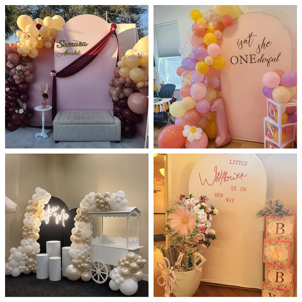 A pink and gold arch backdrop decorated with balloons and greenery for a party photo booth
