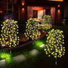 A row of solar garden lights with a firework starburst effect illuminating a lawn and landscaping.