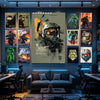 A gallery wall featuring various Halo Master Chief themed canvas art posters in a modern room setting.