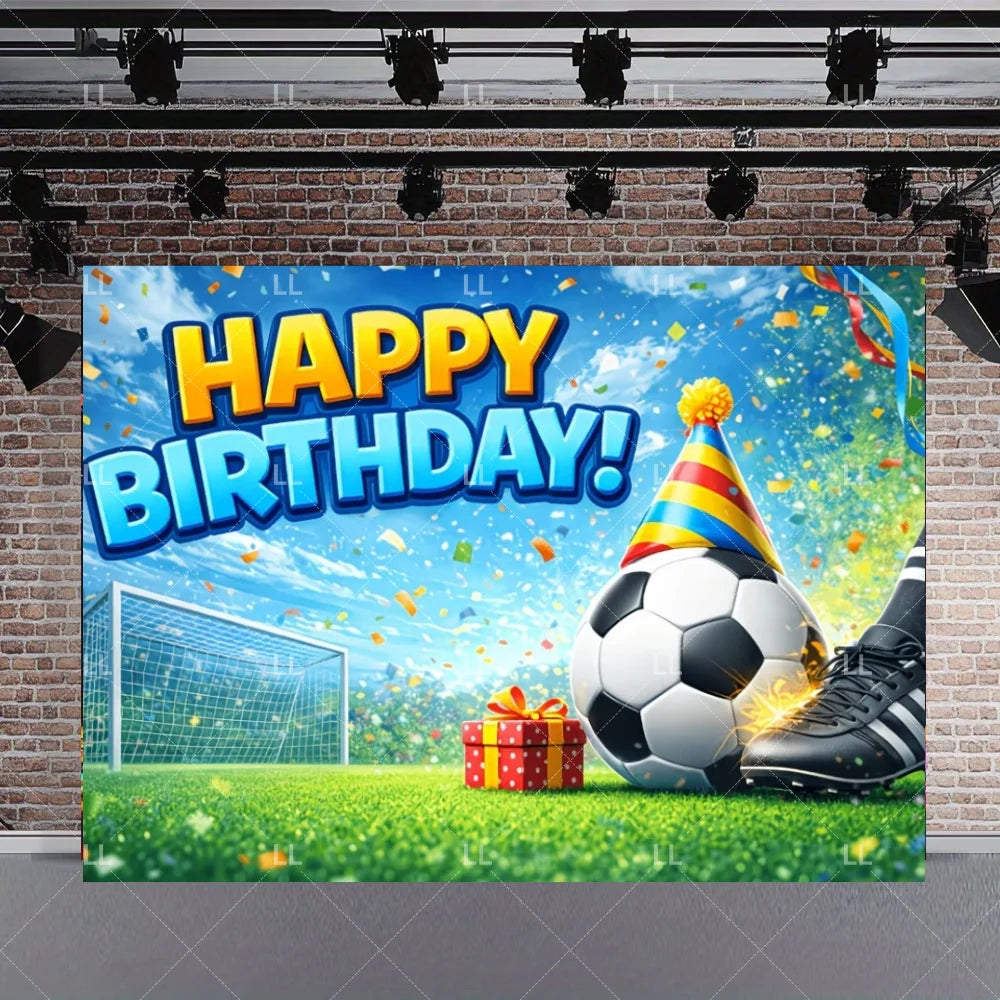 A vibrant soccer field backdrop for a birthday celebration featuring a football, confetti, and a goal net.