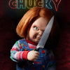 A portrait of the Chucky horror doll with bright blue eyes holding a knife, set against a dark background.