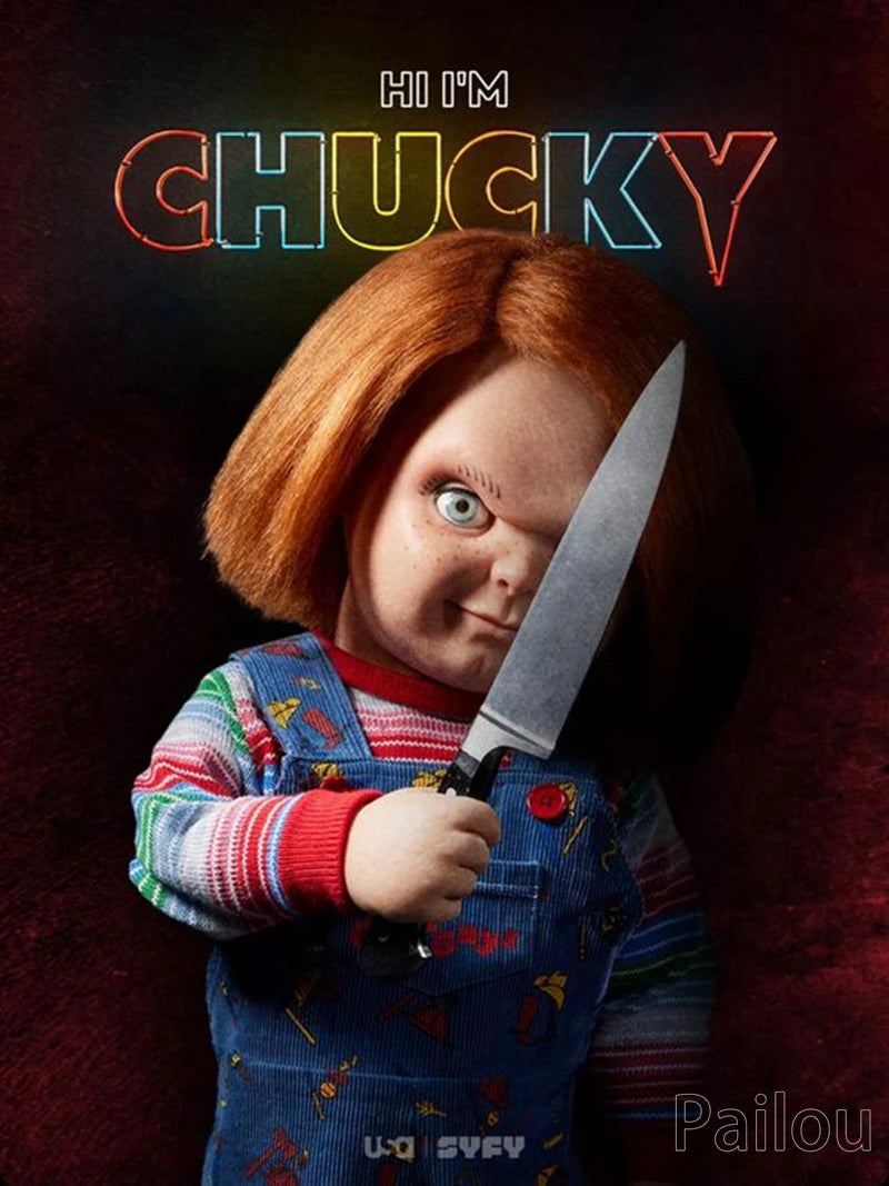A portrait of the Chucky horror doll with bright blue eyes holding a knife, set against a dark background.