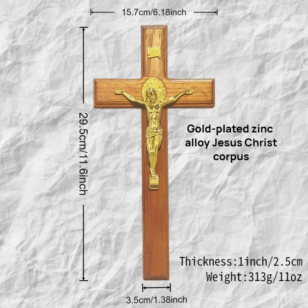 A wooden crucifix with a gold-plated zinc alloy Jesus Christ figure, measuring 15.7cm long.