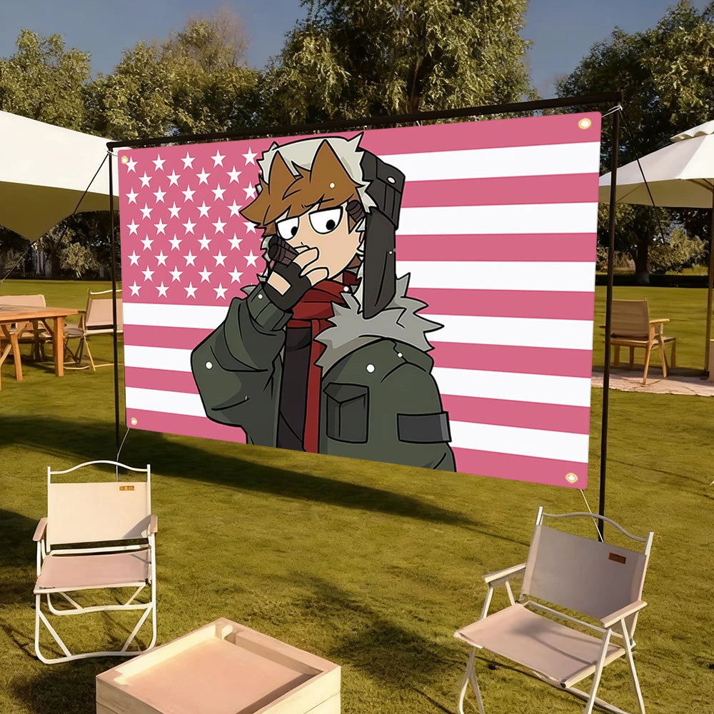 Ein Banner mit einer Anime-Figur in amerikanischer Flaggen-Design im Freien.