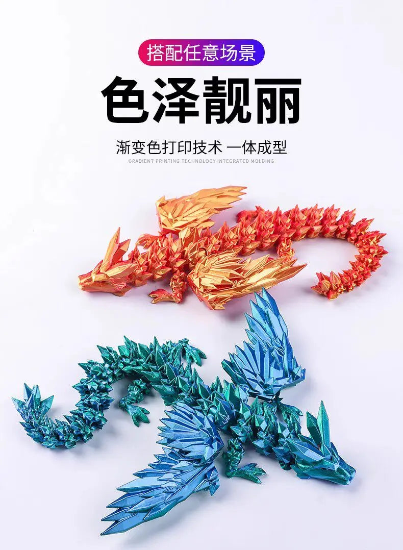 A set of three gradient printed dragon figurines in orange, green, and blue.