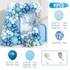 A blue balloon garland arch kit featuring various sizes of light blue and navy balloons for weddings and parties.