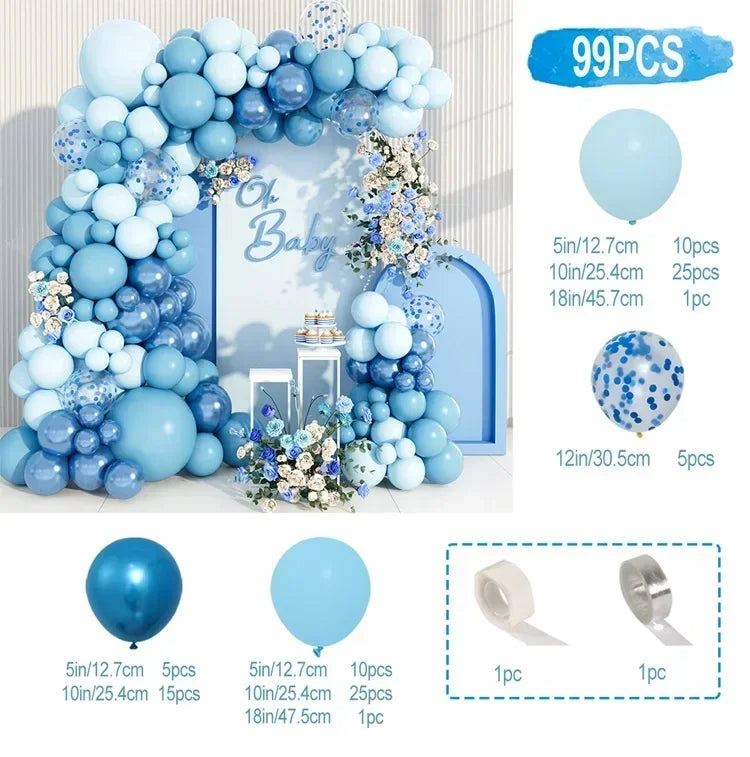 A blue balloon garland arch kit featuring various sizes of light blue and navy balloons for weddings and parties.