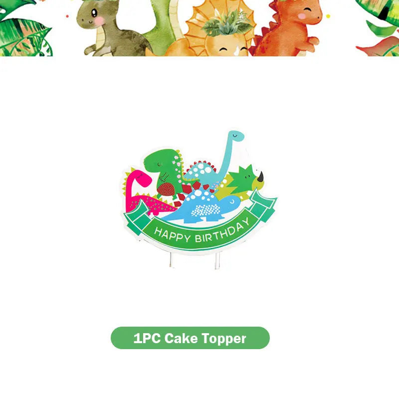 A set of dinosaur themed birthday party supplies including balloons, a banner, and a cake topper.