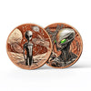 A fantasy art bar featuring two coins depicting alien heads and celestial bodies.