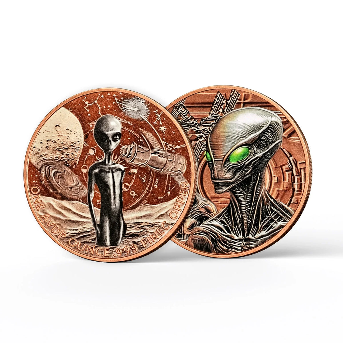 A fantasy art bar featuring two coins depicting alien heads and celestial bodies.
