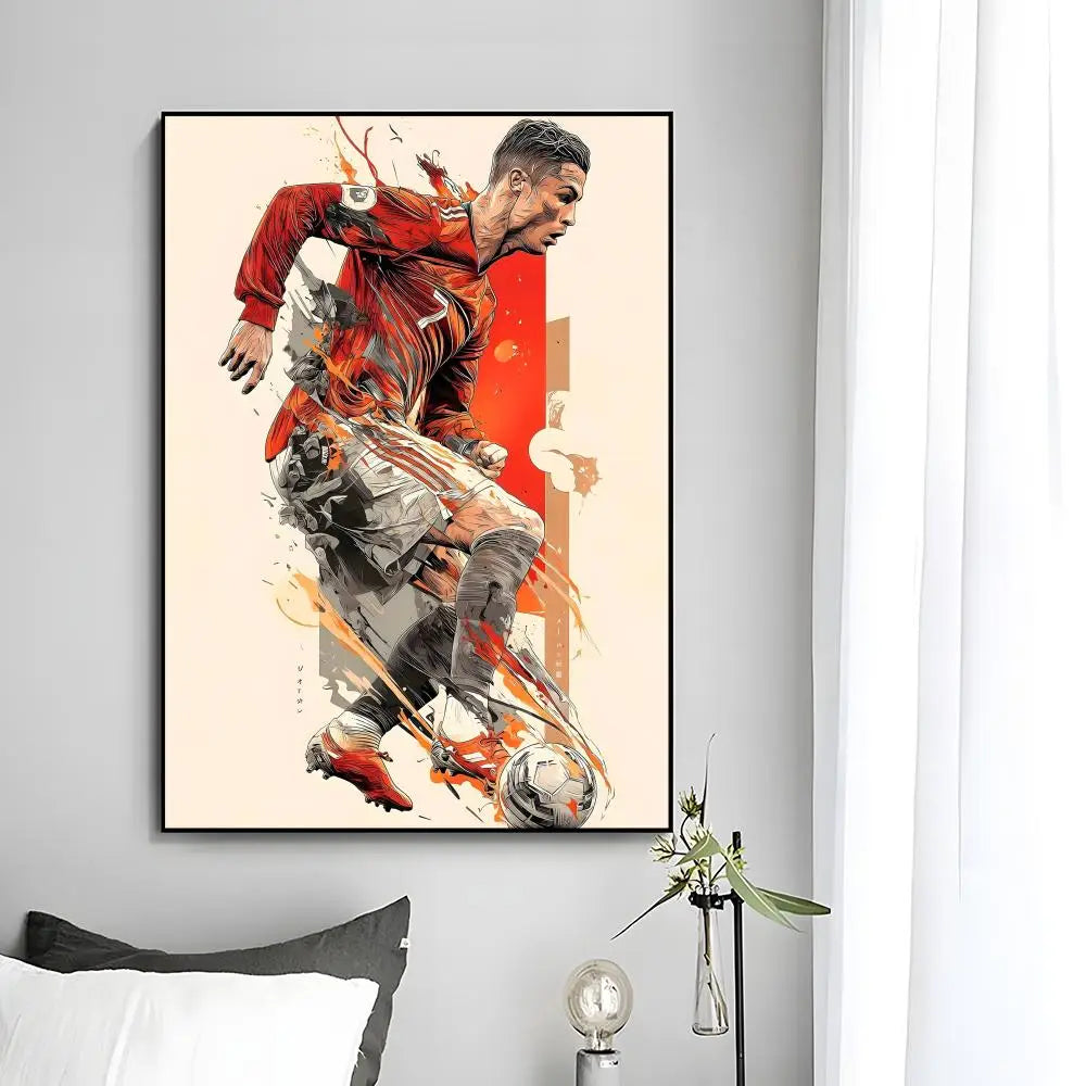 A modern wall art print featuring a dynamic depiction of Cristiano Ronaldo in a football action pose.