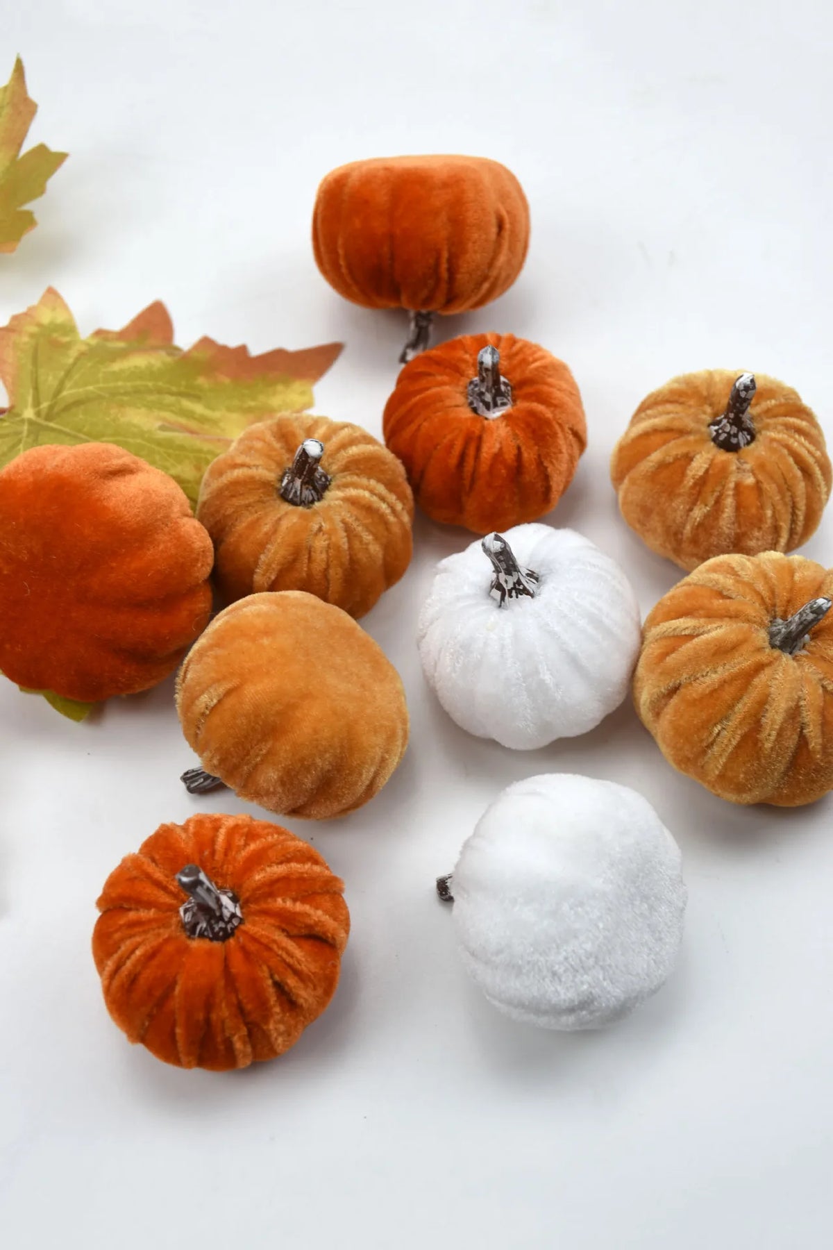 A collection of ten small, round velvet pumpkin decorations in various shades of orange and white.