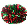 A spherical pom pom made of shredded, shiny red and green metallic streamers.