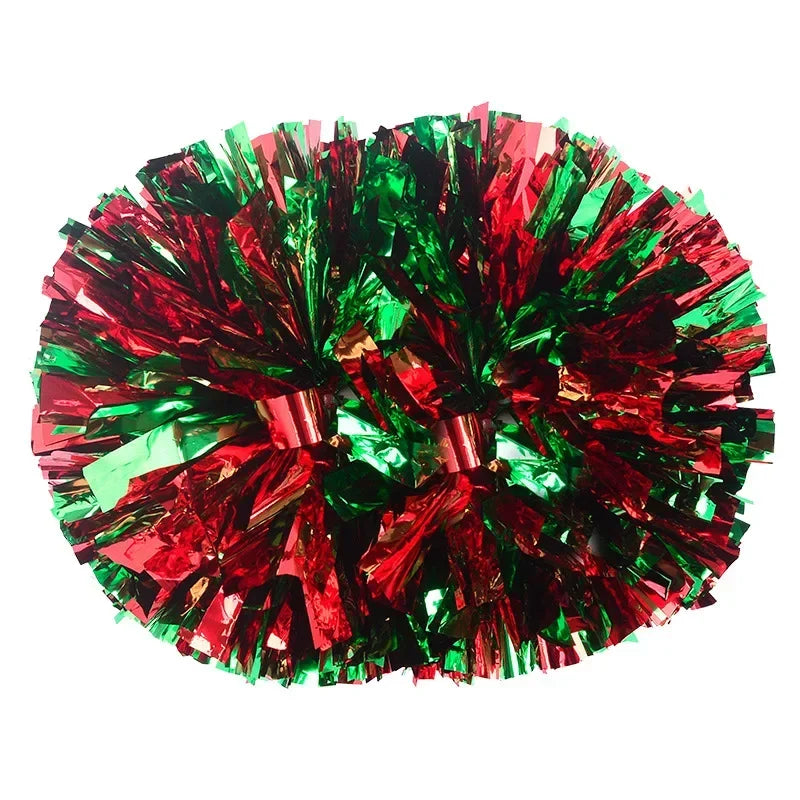 A spherical pom pom made of shredded, shiny red and green metallic streamers.