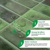 Close-up of green 3D peel and stick backsplash tiles showing easy installation, 3D effect, and water resistance.