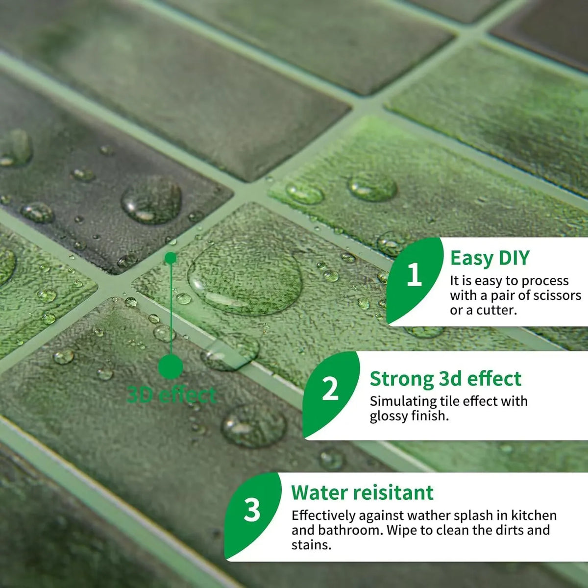 Close-up of green 3D peel and stick backsplash tiles showing easy installation, 3D effect, and water resistance.