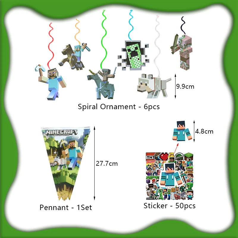 A set of craft decorations including a spiral ornament, pennant, and stickers for a birthday party theme.