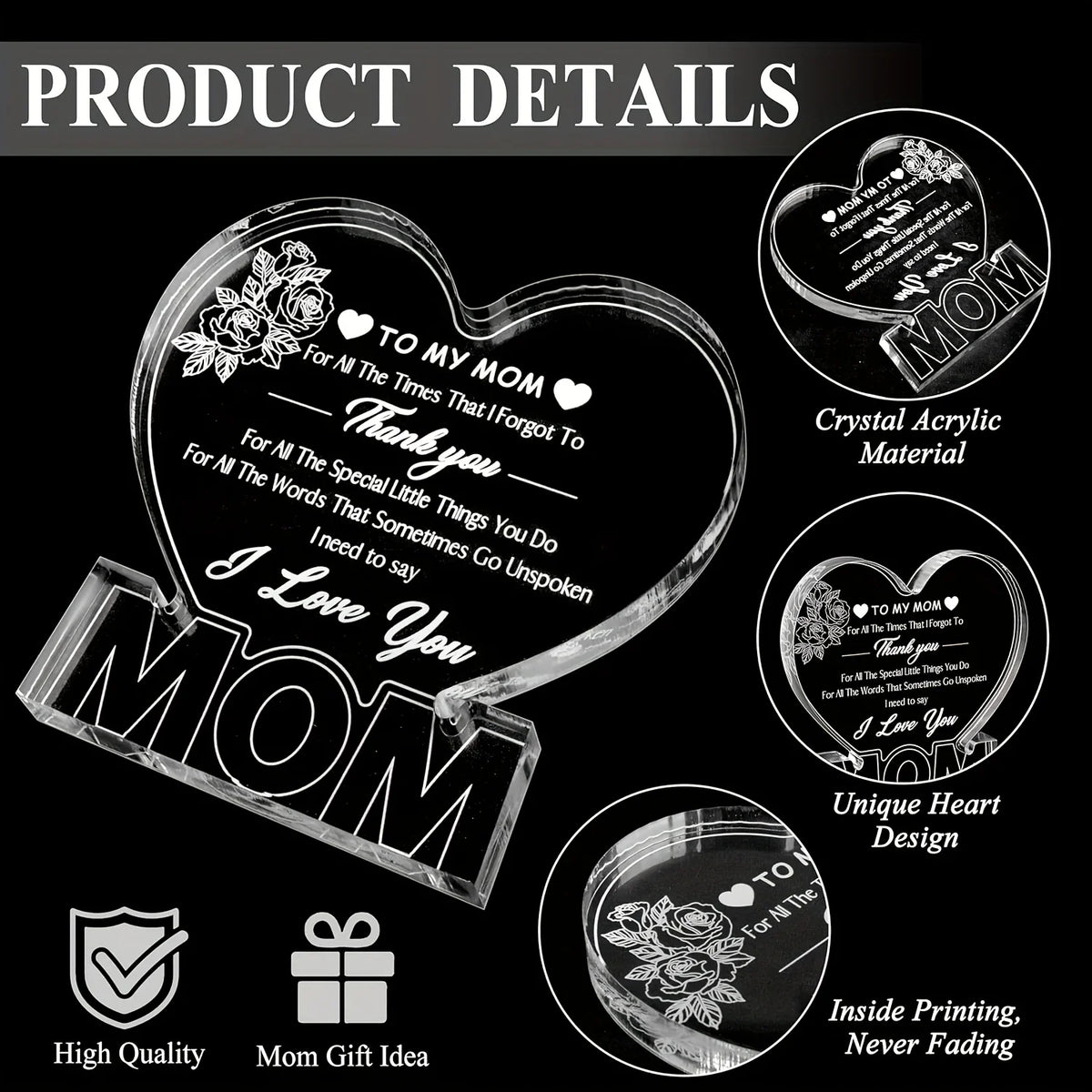 A clear acrylic heart plaque with engraved text saying I Love You Mom for a mom gift