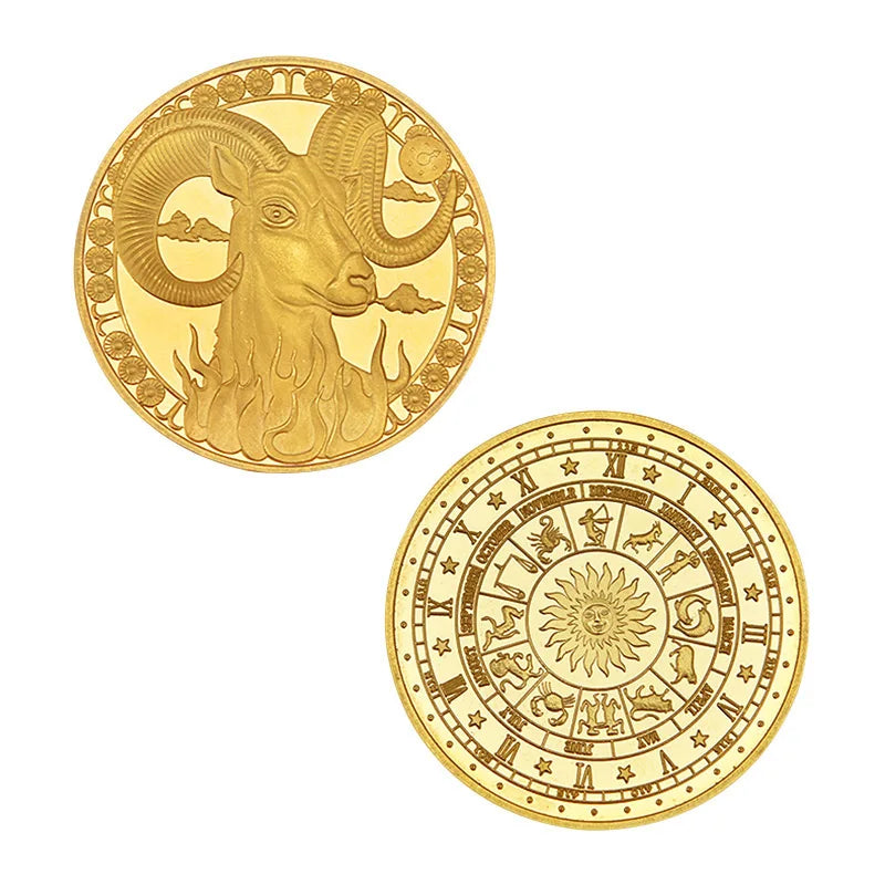 A gold-colored commemorative iron coin featuring a ram's head design.