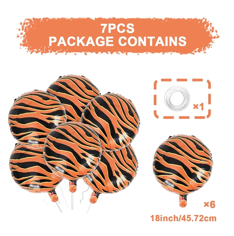 A package containing 7 pieces of orange and black striped foil balloons, including a ring and measuring tape.