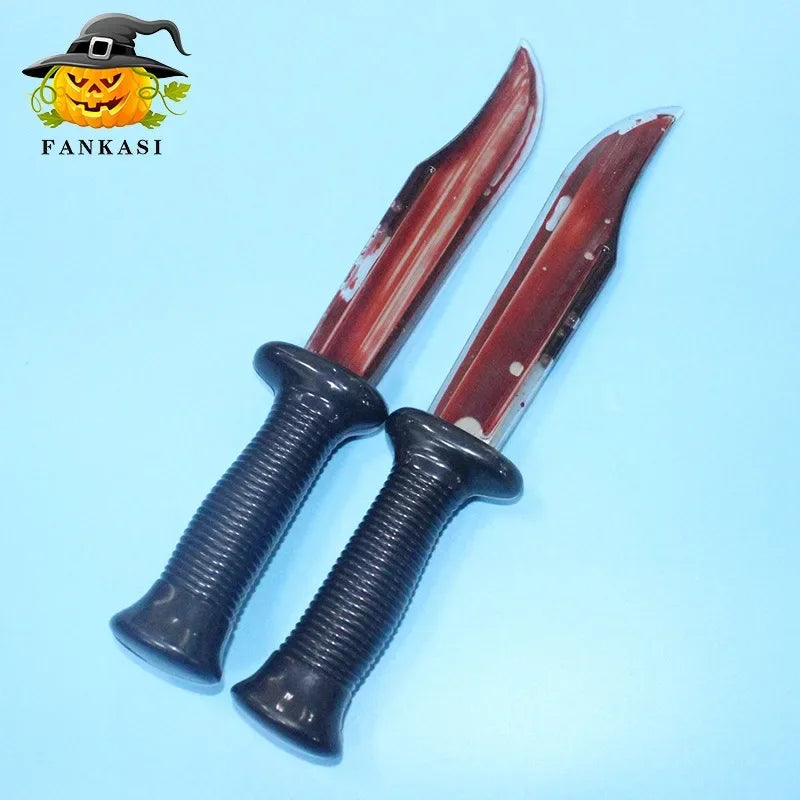 A realistic bloody knife with a dark handle and blade is displayed against a light blue background.