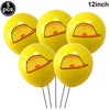 Five yellow construction truck foil balloons, 12 inches each, for birthday party decor.