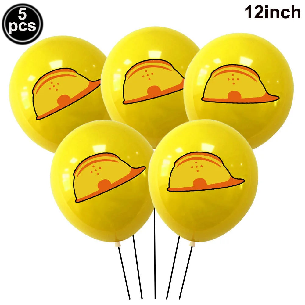 Five yellow construction truck foil balloons, 12 inches each, for birthday party decor.