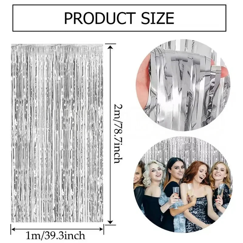 A metallic silver foil tinsel fringe backdrop set showing the texture and size of the material.