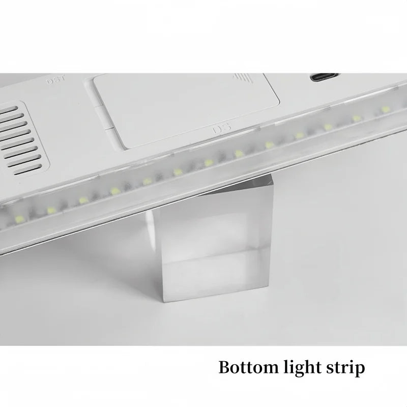 A white USB LED alarm clock with a bottom light strip illuminating the surface.