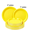 A stack of yellow disposable paper plates, including 7 inch and 9 inch round plates.