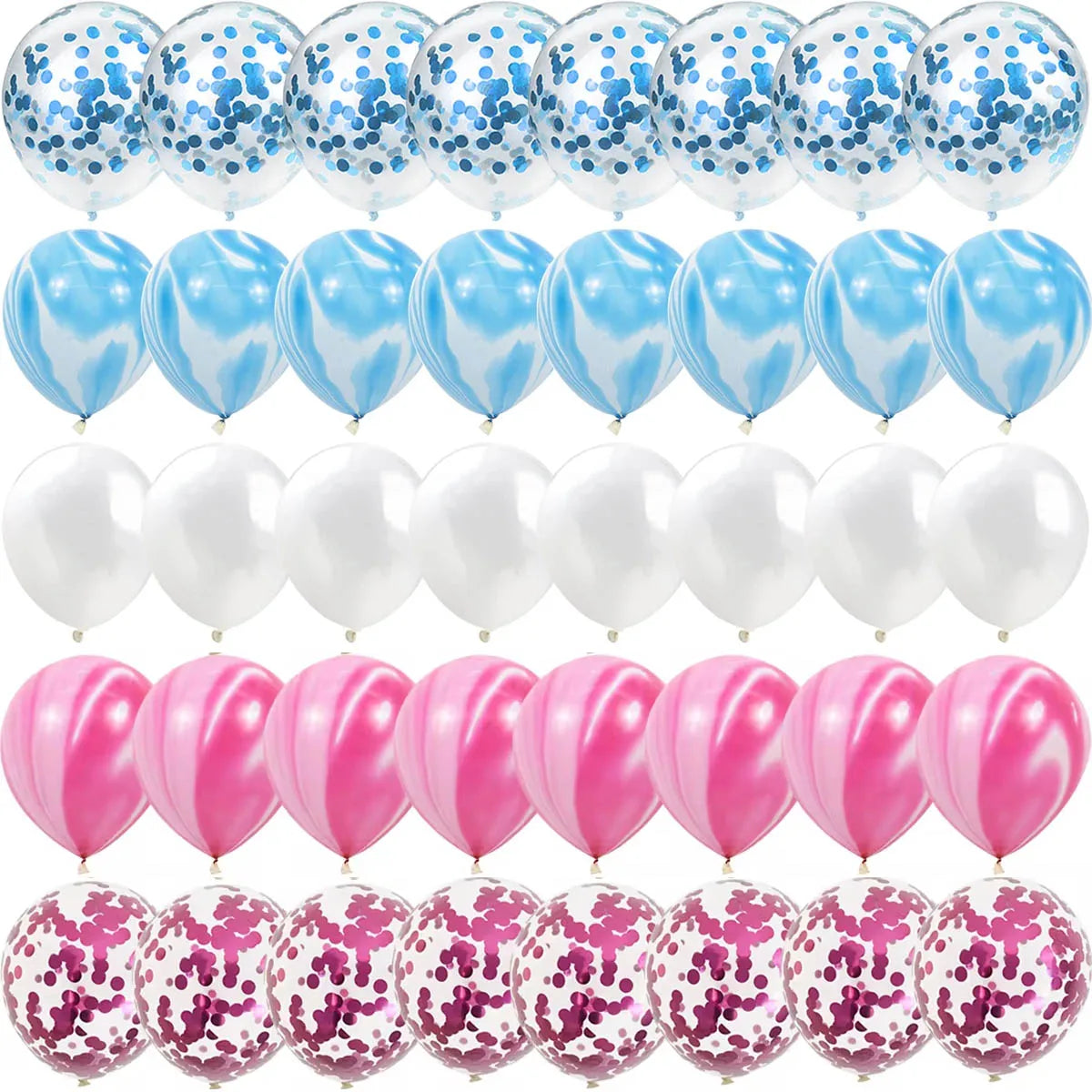 A set of blue and pink gender reveal balloons filled with confetti.
