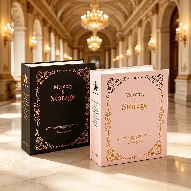 A pink box titled Memory & Storage with gold foil accents displayed on a marble floor.