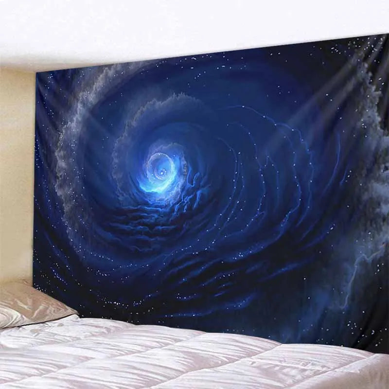 A dark blue and purple tapestry depicting a swirling spiral galaxy in the night sky