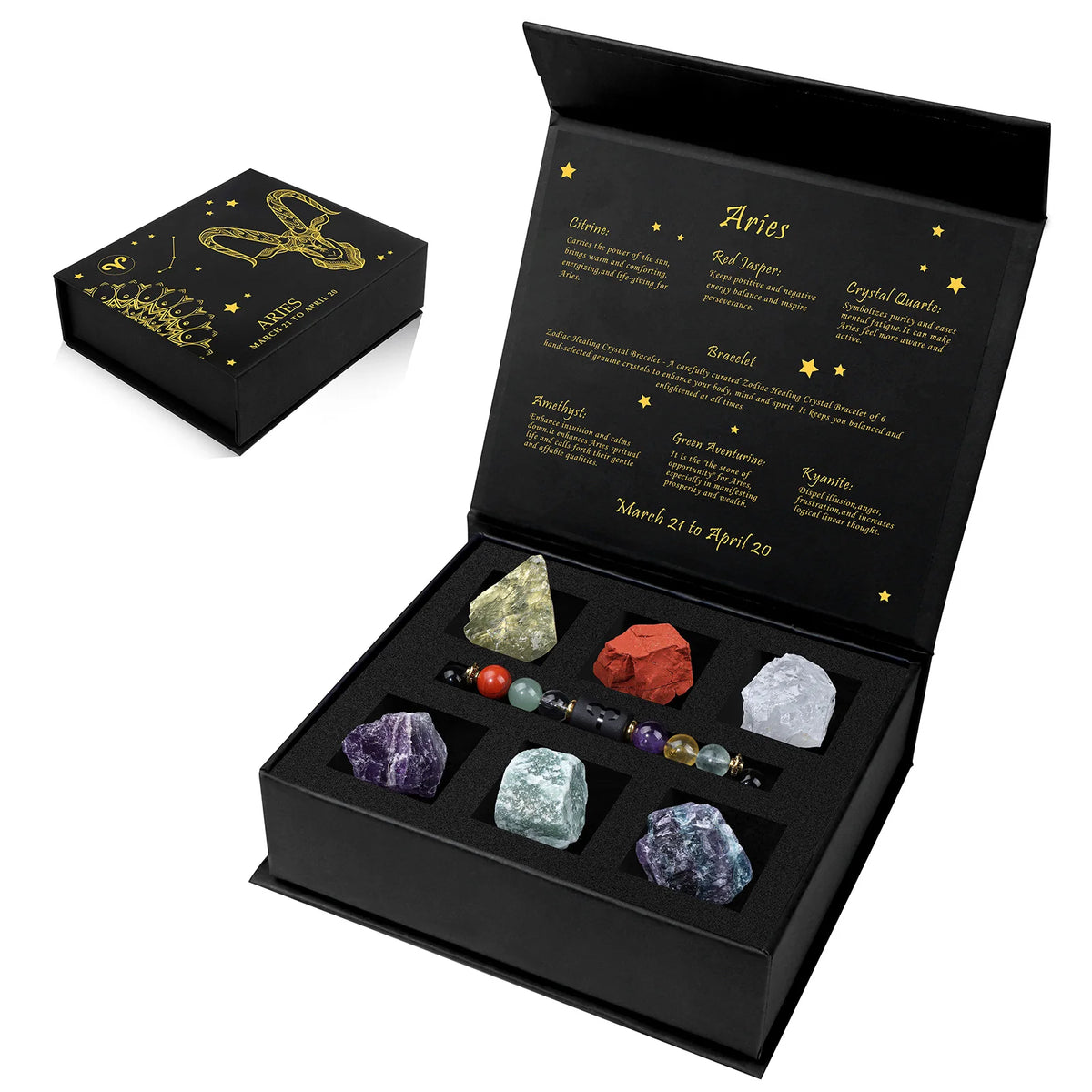 A gift box containing natural stone zodiac bracelets for Aries, including various crystals and stones.