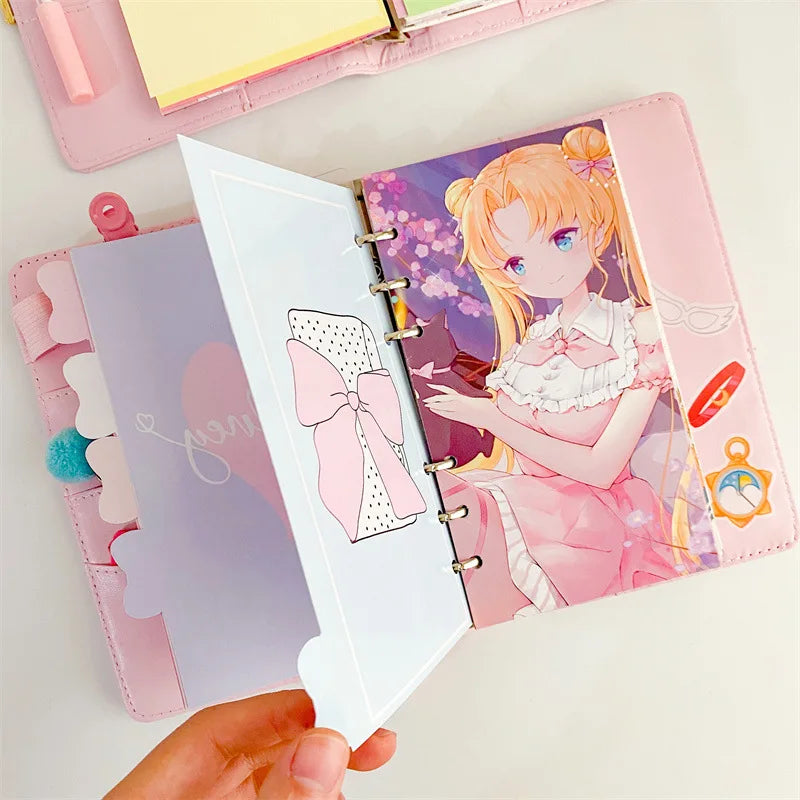 A pink and purple luxury heart pendant diary set featuring an anime-style girl illustration.
