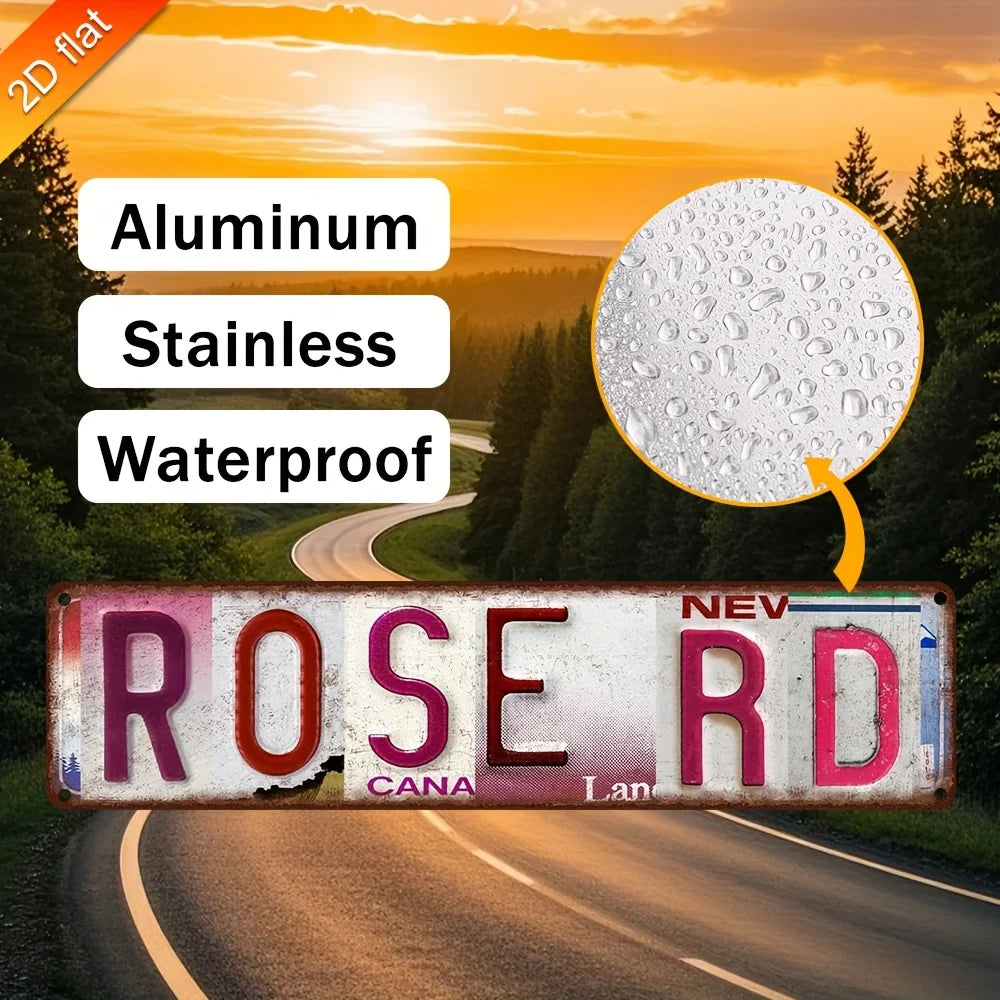 Vintage retro Metallwandzeichen für eine Straße mit dem Text ROSE RD