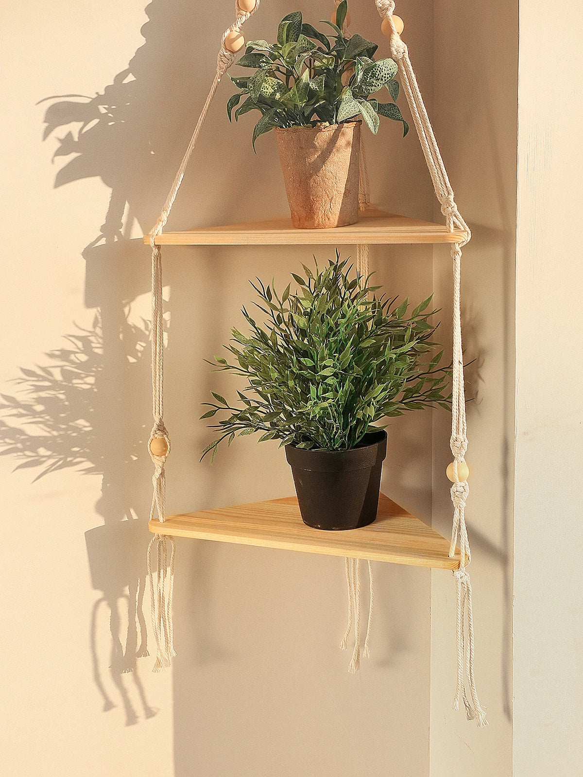 Étagère flottante en bois bohème avec de la verdure en pot accrochée à un mur clair.