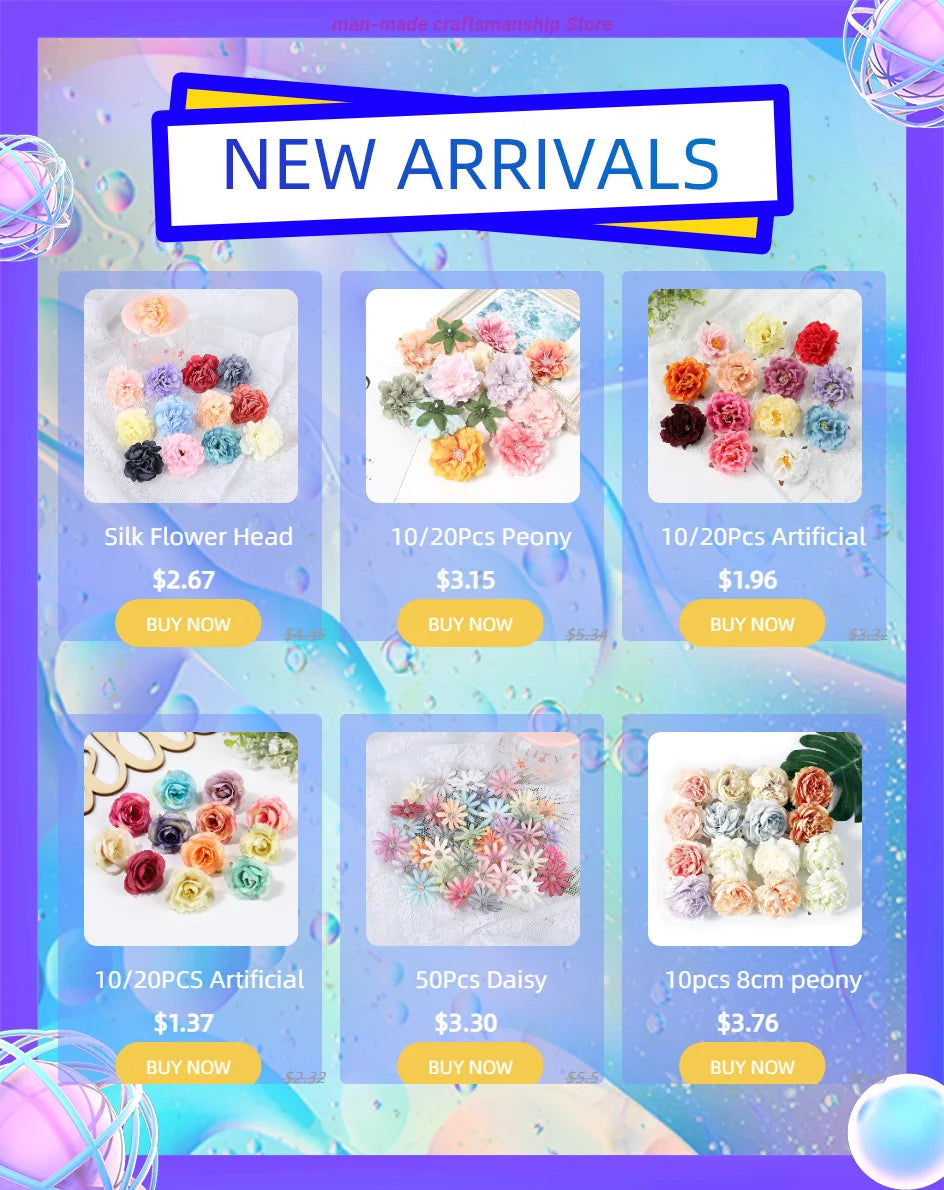 A collection of floral fabric patches including silk flower heads, peony flowers, and artificial flowers for crafting.