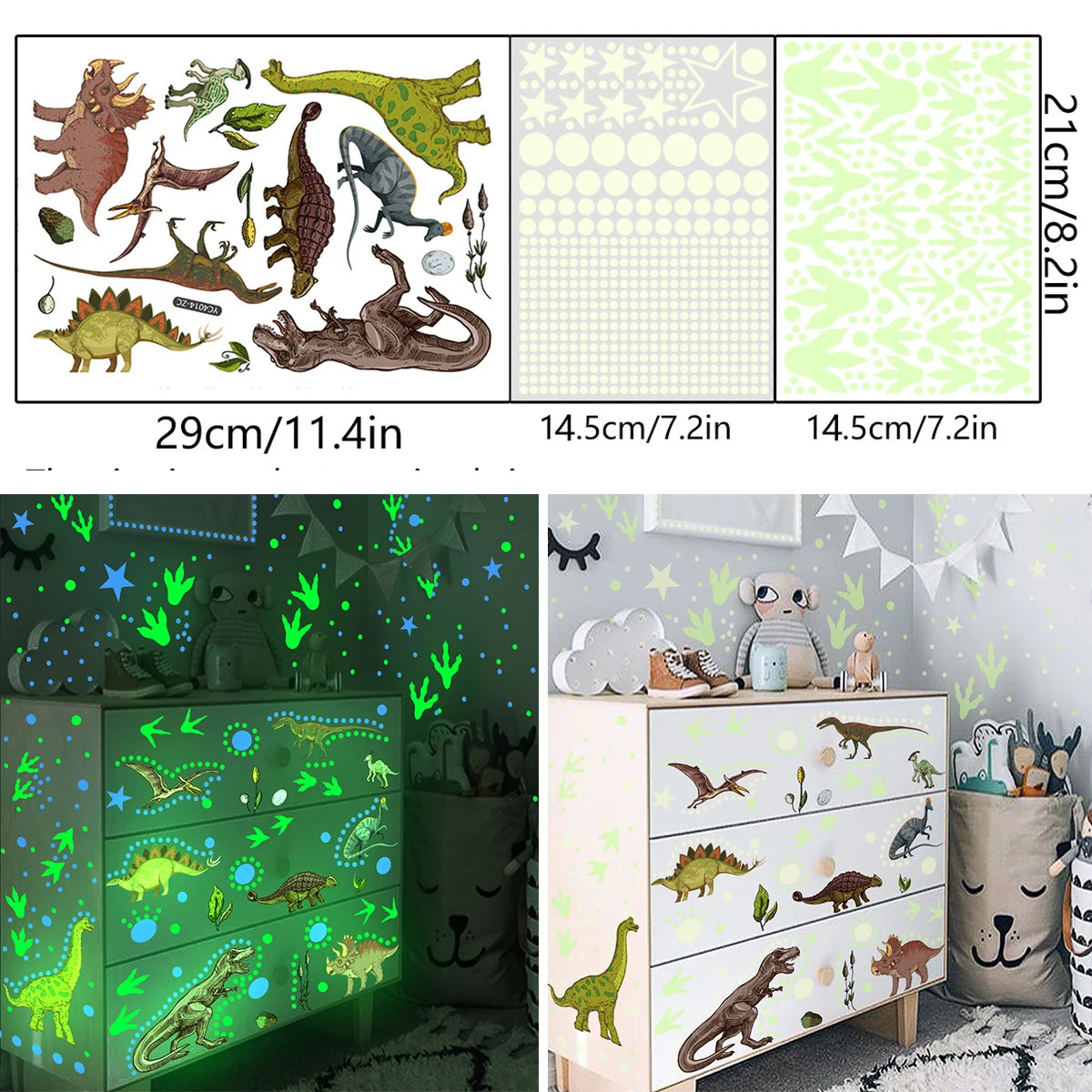 Glow-in-the-dark dinosaur wall stickers featuring various dinosaurs and jungle plants for kids' rooms