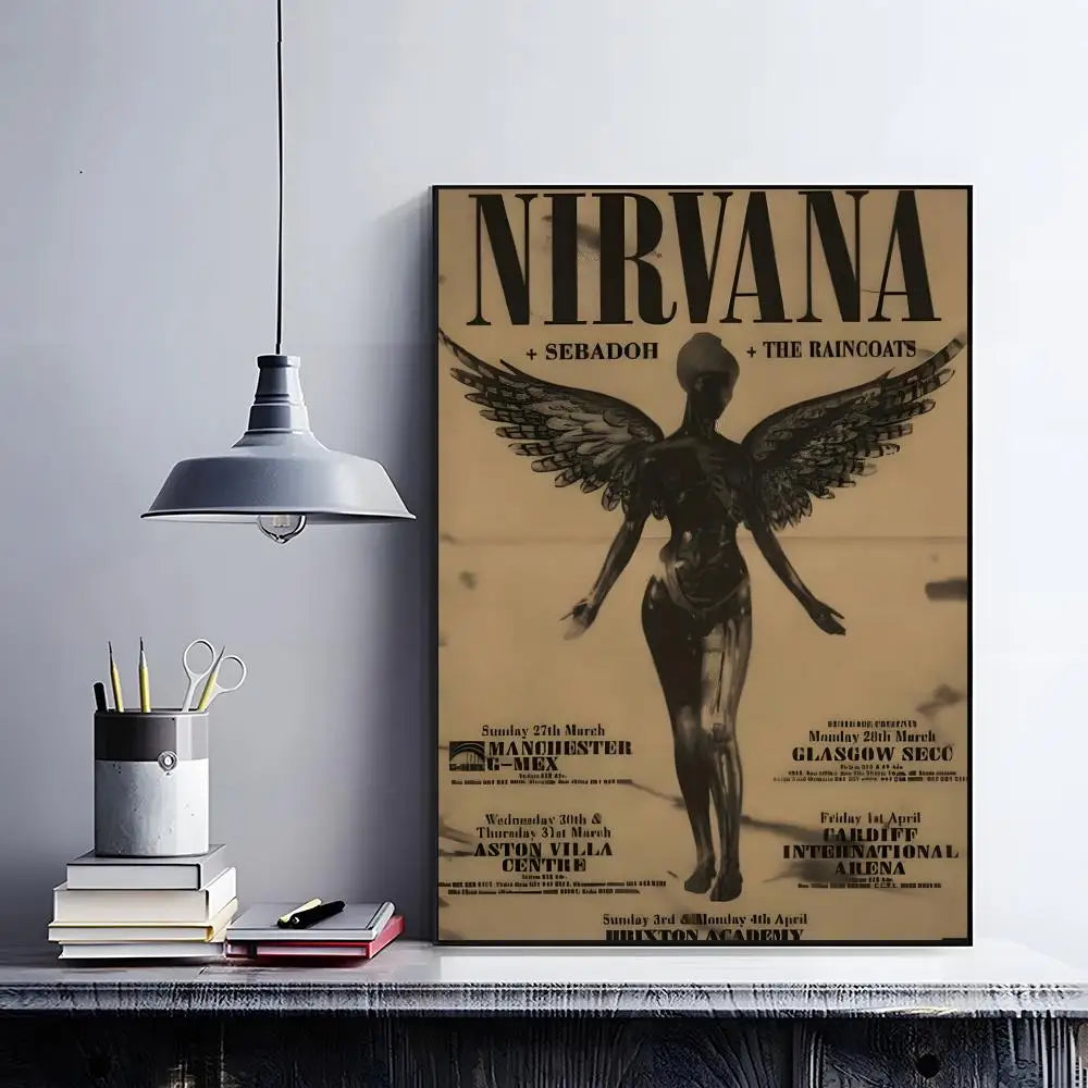 A vintage poster featuring the band Nirvana with the text Sebadoh and The Raincoats on a dark background.