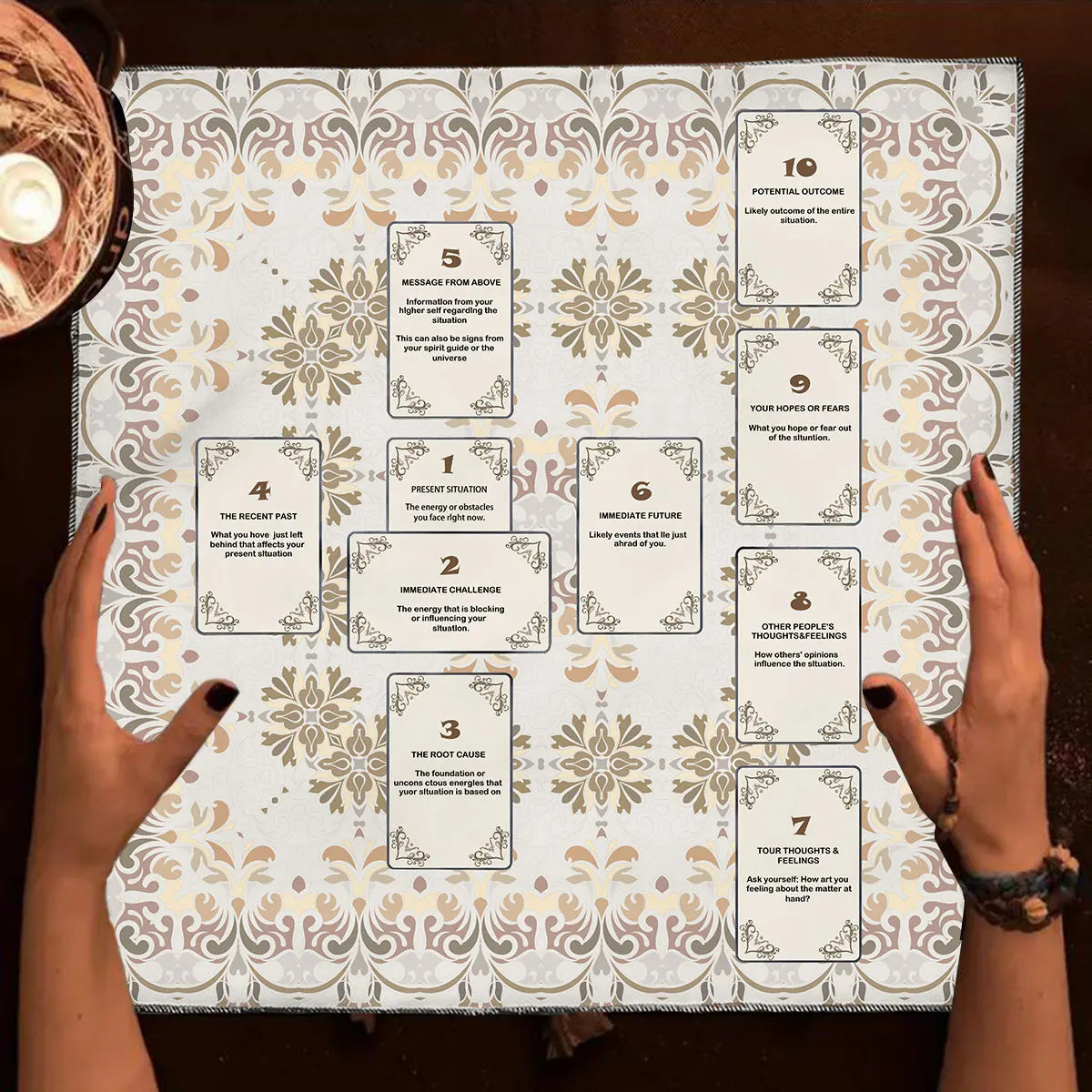 A white altar cloth with decorative borders and numbered sections for tarot divination tools