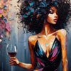 A portrait of an African American woman with dark curly hair wearing a black dress and holding a glass of red wine.