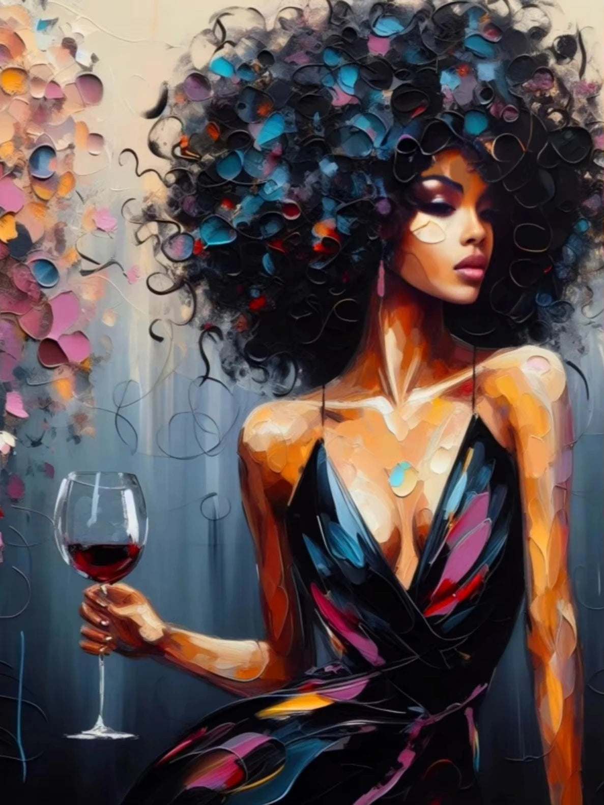 A portrait of an African American woman with dark curly hair wearing a black dress and holding a glass of red wine.